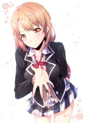 Rule 34 | 10s, 1girl, arm behind back, blazer, box, breasts, brown eyes, brown hair, buttons, cardigan, closed mouth, cowboy shot, flower, gift, gift box, hand up, highres, holding, holding gift, isshiki iroha, jacket, leaning forward, long hair, long sleeves, looking at viewer, matching hair/eyes, medium breasts, neck ribbon, outstretched hand, parted bangs, petals, plaid, plaid skirt, red ribbon, ribbon, ripe.c, rose, school uniform, shirt, simple background, skirt, smile, solo, unbuttoned, unbuttoned shirt, white background, white shirt, wing collar, yahari ore no seishun lovecome wa machigatteiru.