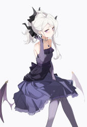 Rule 34 | 1girl, absurdres, bare shoulders, black horns, blue archive, chenmu sora, closed mouth, demon girl, demon horns, demon wings, dress, earrings, elbow gloves, evening gown, feet out of frame, gloves, grey hair, halo, hand up, highres, hina (blue archive), hina (dress) (blue archive), horns, invisible chair, jewelry, long hair, looking at viewer, multiple horns, necklace, official alternate costume, official alternate hairstyle, pantyhose, purple dress, purple eyes, purple gloves, purple pantyhose, simple background, sitting, solo, strapless, strapless dress, white background, wings