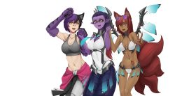 Rule 34 | 3girls, :d, alternate costume, animal ears, animal hands, apophis (monster girl encyclopedia), bad id, bad tumblr id, bandaid, bandaid on face, bandaid on nose, bare shoulders, black hair, black sclera, breasts, cat ears, cheshire cat (monster girl encyclopedia), cleavage, clenched hands, colored sclera, colored skin, covered navel, crown, dark-skinned female, dark skin, eyewear on head, fang, fox ears, fox tail, gradient hair, grey shirt, groin, holding hands, lamia, large breasts, less, long hair, looking at viewer, mechanical wings, mini crown, monster girl, monster girl encyclopedia, multicolored hair, multiple girls, multiple tails, navel, necktie, open mouth, original, pointy ears, ponytail, purple hair, purple skin, red eyes, red hair, shirt, short hair, slit pupils, smile, sunglasses, tail, tank top, tattoo, transparent background, two-tone hair, v, wings, yellow eyes