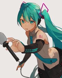Rule 34 | 1girl, absurdres, bare shoulders, black skirt, black sleeves, blurry, collared shirt, commentary request, depth of field, detached sleeves, green eyes, green hair, green necktie, grey background, grey shirt, hair ornament, hatsune miku, hatsune miku (vocaloid4), highres, holding, holding microphone, kofi-mo, long hair, microphone, necktie, open mouth, outstretched arms, shirt, shoulder tattoo, sketch, skirt, sleeveless, sleeveless shirt, solo, tattoo, teeth, twintails, upper body, upper teeth only, very long hair, vocaloid