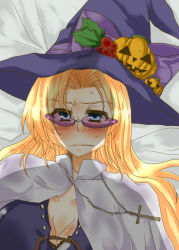 Rule 34 | 1girl, bad id, bad pixiv id, black lagoon, blonde hair, blue eyes, blush, breasts, capelet, cleavage, cross, cross necklace, eda (black lagoon), food-themed hair ornament, hair ornament, halloween, hat, jack-o&#039;-lantern, jewelry, large breasts, long hair, looking over eyewear, looking over glasses, lying, necklace, on back, on bed, pink-framed eyewear, pink-tinted eyewear, pink-tinted glasses, pumpkin hair ornament, shadow, solo, sunglasses, tinted eyewear, witch hat, you gonna get raped, yuuki (kanon5)