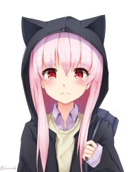 Rule 34 | 1girl, animal hood, arm up, bag, black hoodie, blush, carrying over shoulder, cat hood, danraz0r, frown, hair between eyes, highres, holding strap, hood, hoodie, long hair, looking at viewer, mixed-language commentary, open clothes, open hoodie, original, pink hair, purple shirt, red eyes, school bag, shirt, sidelocks, simple background, sleeves past wrists, solo, sweater, tareme, twitter username, upper body, white background