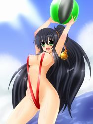 Rule 34 | 1girl, armpits, arms up, bad id, bad pixiv id, ball, banemumu, beachball, bell, black hair, blue sky, blush, body blush, breasts, cloud, covered erect nipples, green eyes, happy, hip focus, legs, long hair, navel, ocean, open mouth, original, perky breasts, ponytail, sky, slingshot swimsuit, smile, solo, swimsuit, tongue