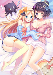 Rule 34 | 2girls, :d, ;), abigail williams (fate), animal, bad id, bad pixiv id, bare shoulders, bed sheet, beige legwear, black bow, blonde hair, blue eyes, blue shirt, blush, bow, breasts, cleavage, closed eyes, collarbone, fate/grand order, fate (series), fingernails, hair bow, hair bun, hair ornament, hair scrunchie, hairband, highres, hugging object, katsushika hokusai (fate), large breasts, long hair, long sleeves, lying, masayo (gin no ame), multiple girls, no shoes, octopus, off shoulder, on side, one eye closed, open mouth, orange bow, parted bangs, pillow, pink shirt, polka dot, polka dot bow, polka dot shirt, scrunchie, shirt, short shorts, shorts, single hair bun, sleeping, sleeves past fingers, sleeves past wrists, smile, striped clothes, striped hairband, stuffed animal, stuffed toy, teddy bear, thighhighs, tokitarou (fate), very long hair, white shorts, yellow scrunchie, zzz