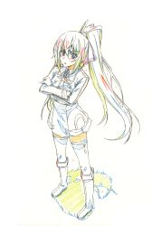 Rule 34 | 10s, 1girl, blush, boots, color trace, colored pencil (medium), crossed arms, from above, highres, infinite stratos, knee boots, long hair, ponytail, production art, shinonono houki, solo, sparkle, split ponytail, standing, thighhighs, traditional media, very long hair, yataneko (echigo), zettai ryouiki