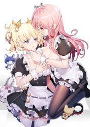 Rule 34 | 2girls, :o, apron, black dress, black legwear, blonde hair, blue eyes, blush, bow, breasts, cat, checkered floor, cleavage, closed mouth, cropped legs, dress, emily (ririko), frilled apron, frills, hair bow, half updo, highres, jitome, kneeling, large breasts, long hair, looking at another, maid, medium breasts, multiple girls, open mouth, original, pantyhose, pink eyes, pink hair, plaid, plaid bow, puffy short sleeves, puffy sleeves, ririko (zhuoyandesailaer), short dress, short sleeves, smile, thighhighs, tray, twintails, waist apron, white bow, white legwear, wrist cuffs, yellow bow