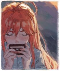 Rule 34 | 1girl, ahoge, border, cassette tape, celeste (video game), chinese commentary, closed eyes, commentary request, eyebrows hidden by hair, highres, holding, jacket, madeline (celeste), red hair, solipsist, solo, upper body, white border, white jacket