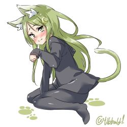 Rule 34 | 10s, 1girl, animal ears, bad id, bad twitter id, between legs, black pantyhose, black serafuku, blush, cat ears, cat tail, closed mouth, crescent, crescent hair ornament, ebifurya, from side, full body, green eyes, green hair, hair between eyes, hair ornament, hand between legs, highres, inactive account, kantai collection, kemonomimi mode, long hair, long sleeves, looking at viewer, nagatsuki (kancolle), no pants, no shoes, pantyhose, parted bangs, paw pose, paw print, school uniform, serafuku, sidelocks, simple background, sitting, solo, tail, tears, twitter username, wariza, white background