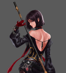 Rule 34 | 00s, 1girl, back, bare shoulders, black hair, chain, choker, cross, derivative work, dress, dungeon and fighter, female priest (dungeon and fighter), gloves, grey background, highres, lips, looking at viewer, looking back, mistress (dungeon and fighter), open mouth, purple eyes, red gloves, scar, short hair, solo, zhui meng de bendan