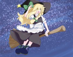 Rule 34 | 1girl, :d, apron, blonde hair, blush, boots, bow, braid, broom, broom riding, colored eyelashes, eyebrows, eyes visible through hair, hair bow, hand on headwear, hat, hat bow, highres, kirisame marisa, long hair, night, night sky, open mouth, short sleeves, side braid, single braid, sky, smile, solo, star (sky), star (symbol), starry sky, touhou, unishokora, waist apron, witch hat, yellow eyes