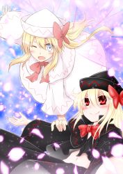 Rule 34 | 2girls, arm grab, blonde hair, blue eyes, blush, bow, capelet, collaboration, dual persona, female focus, hat, highres, kunisaki tomoro, lily black, lily white, multiple girls, navel, one eye closed, open mouth, outstretched arms, petals, red eyes, skirt, smile, sparkle, touhou, wings, wink, yutamaro