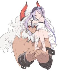 Rule 34 | 1boy, 1girl, asterios (fate), bare shoulders, black ribbon, black sclera, blade (galaxist), closed mouth, colored sclera, corsage, demon boy, dress, earrings, euryale (fate), eyebrows, fate/grand order, fate/hollow ataraxia, fate (series), flower, fluffy, hair ribbon, hairband, horns, jewelry, lolita hairband, long hair, looking at viewer, muscular, muscular male, no nipples, pectorals, purple eyes, purple hair, red eyes, ribbon, ribbon trim, sitting, sitting on person, sitting on shoulder, size difference, strapless, strapless dress, topless male, twintails, very long hair, white dress, white hair