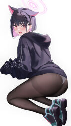 Rule 34 | 1girl, abab xiaxia, absurdres, animal ears, ass, black footwear, black jacket, blue archive, blush, bob cut, brown pantyhose, cat ears, colored inner hair, commentary request, extra ears, full body, hair ornament, hairclip, halo, highres, hood, hood down, hooded jacket, hoodie, invisible floor, jacket, kazusa (blue archive), kneeling, legs, looking at viewer, looking back, multicolored footwear, multicolored hair, open mouth, panties, panties under pantyhose, pantyhose, pink eyes, pink hair, shoes, short hair, sleeves past fingers, sleeves past wrists, sneakers, solo, teeth, thighband pantyhose, thighs, two-tone hair, underwear, white panties