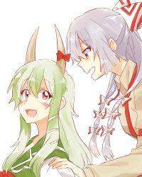 Rule 34 | 1girl, 6 (yuchae), :d, blush, bow, collared shirt, dress, ex-keine, fujiwara no mokou, green hair, hair bow, hand on another&#039;s shoulder, horn bow, horns, kamishirasawa keine, large bow, long hair, open mouth, pants, red eyes, shirt, silver hair, smile, solo, suspenders, touhou