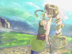 Rule 34 | 1girl, bare shoulders, black pantyhose, bow, breasts, cleavage, closed mouth, commentary request, green eyes, green hair, hair ribbon, jewelry, pantyhose under shorts, long hair, looking at viewer, multi-tied hair, pantyhose, ponytail, ribbon, saga, saga frontier 2, shorts, solo, staff, very long hair, virginia knights, weapon
