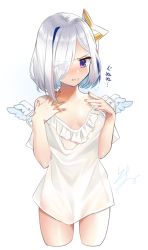 Rule 34 | 1girl, alternate costume, amane kanata, angel wings, blush, breast conscious, breasts, cleavage, fingernails, frustrated, gununu (meme), highres, hololive, isuka, medium hair, meme, no bra, oversized clothes, petite, purple eyes, signature, silver hair, simple background, small breasts, solo, standing, virtual youtuber, white background, wings