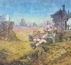 Rule 34 | 1girl, ahoge, black skirt, blue archive, blue necktie, closed eyes, cloud, desert, drum (container), fingerless gloves, gloves, halo, holster, hoshino (blue archive), long hair, long sleeves, looking at viewer, necktie, pink hair, rubble, ruins, sand, scenery, seabearsnake, shirt, shoes, sitting, skirt, smile, solo, very long hair, waving, white shirt
