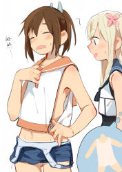 Rule 34 | 2girls, ?, blonde hair, blue eyes, blue one-piece swimsuit, blue sailor collar, blush, brown hair, closed eyes, clothes pull, d.y.x., flower, hair flower, hair ornament, i-401 (kancolle), kantai collection, long hair, multiple girls, navel, one-piece swimsuit, one-piece swimsuit pull, open clothes, open mouth, orange sailor collar, pink flower, ponytail, ro-500 (kancolle), sailor collar, simple background, sleeveless, sweat, swimsuit, swimsuit under clothes, tan, tanline, white background