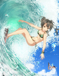 Rule 34 | 10s, 2girls, :d, bare arms, bare legs, bare shoulders, barefoot, bikini, blue sky, breasts, brown eyes, brown hair, cleavage, collarbone, day, flight deck, green bikini, green hair, green ribbon, hair ribbon, halterneck, highres, kaga (kancolle), kantai collection, medium breasts, multiple girls, navel, ocean, open mouth, outdoors, purple ribbon, rerubixi, ribbon, scrunchie, short hair, short twintails, side-tie bikini bottom, side ponytail, sky, smile, solo focus, splashing, spread legs, stomach, string bikini, summer, surfboard, surfing, swimsuit, twintails, water, waves, white ribbon, wrist scrunchie, zuikaku (kancolle)