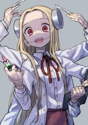 Rule 34 | 1girl, blonde hair, bolt, clipboard, commentary request, extra arms, franken fran, gazacy (dai), glasgow smile, grey background, highres, holding, holding clipboard, holding pencil, holding syringe, lab coat, long hair, long sleeves, looking at viewer, madaraki fran, open mouth, parted bangs, pencil, red eyes, red neckwear, red ribbon, ribbon, scalpel, scar, scar on neck, smile, solo, stitched neck, stitches, syringe, upper body, very long hair