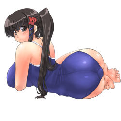 Rule 34 | 1girl, ass, barefoot, blue one-piece swimsuit, breasts, dd (ijigendd), feet, huge ass, huge breasts, long hair, one-piece swimsuit, os-tan, school swimsuit, simple background, soles, solo, swimsuit, toes, white background, xp-tan