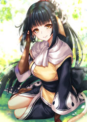 Rule 34 | 1girl, absurdly long hair, aged up, ainu clothes, animal ears, aquaplus, arm up, bell, black hair, black sash, boots, breasts, cat tail, dress, eyelashes, from side, full body, gloves, gradient eyes, hair ornament, head tilt, highres, large breasts, layered sleeves, light particles, lips, long hair, long sleeves, looking at viewer, multicolored eyes, official art, orange eyes, outdoors, ponytail, raised eyebrows, sakiyamama, sash, scarf, side slit, sidelocks, sitting, smile, solo, tail, thighs, utawarerumono, utawarerumono: lost flag, utawarerumono: lost flag support illustration relay, very long hair, white scarf, wide sleeves, yuzuha (utawarerumono)