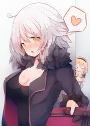 Rule 34 | &gt; &lt;, 3girls, ahoge, beni shake, black dress, black hairband, black jacket, blonde hair, blush, bow, box, breasts, chibi, cleavage, closed eyes, closed mouth, collarbone, commentary request, dress, fang, fate/grand order, fate (series), fur-trimmed jacket, fur-trimmed sleeves, fur trim, gift, gift box, green bow, green ribbon, grey hair, hair between eyes, hair bow, hairband, heart, holding, holding gift, incoming gift, jacket, jeanne d&#039;arc (fate), jeanne d&#039;arc (ruler) (fate), jeanne d&#039;arc alter (fate), jeanne d&#039;arc alter (ver. shinjuku 1999) (fate), jeanne d&#039;arc alter santa lily (fate), long hair, long sleeves, looking at viewer, medium breasts, multiple girls, nose blush, official alternate costume, open clothes, open jacket, open mouth, orange eyes, ribbon, solo focus, spoken heart, striped bow, striped ribbon, valentine, wicked dragon witch ver. shinjuku 1999