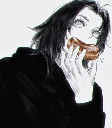 Rule 34 | 1boy, covered mouth, eating, eyelashes, fingernails, food, from below, hand up, hanes 025, highres, holding, holding food, long sleeves, looking away, looking up, medium hair, monochrome, original, portrait, simple background, slit pupils, solo, spot color