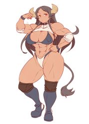 Rule 34 | 1girl, animal ears, bikini, bikini top only, collar, cow ears, cow girl, cow horns, cow tail, hanzo2929, highres, horns, muscular, muscular female, original, ronnie (hanzo2929), swimsuit, tail, wrestling outfit