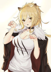 Rule 34 | 1girl, absurdres, animal ears, arknights, black choker, black jacket, blonde hair, blush, breasts, choker, cleavage, collarbone, commentary, cowboy shot, fur-trimmed jacket, fur trim, hair between eyes, highres, jacket, jacket on shoulders, kyo (krokikyon), large breasts, lion ears, long hair, looking at viewer, open clothes, open jacket, open mouth, paw pose, ponytail, siege (arknights), simple background, smile, solo, studded choker, tank top, white background, white tank top, yellow eyes