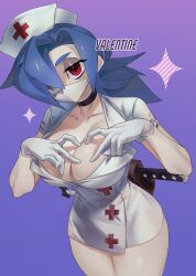 Rule 34 | + +, 1girl, blue background, blue hair, bonesaw, breasts, character name, choker, cleavage, collarbone, cowboy shot, gloves, gradient background, hair over one eye, half-closed eyes, hat, heart, heart fingers, heart hands, large breasts, latex, latex gloves, looking at viewer, mouth mask, nurse cap, ponytail, purple background, red eyes, saw, skullgirls, solo, sparkle, surgical mask, symbol-shaped pupils, valentine (skullgirls)