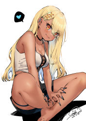 Rule 34 | 1girl, absurdres, bare arms, bare legs, bare shoulders, barefoot, black nails, blonde hair, blush, breasts, cleavage, closed mouth, crossed legs, dark-skinned female, dark skin, dated, earrings, fang, fingernails, geshumaro, gyaru, hair ornament, hairclip, head tilt, heart, highres, jewelry, kaminari qpi, kaminari qpi (1st costume), long fingernails, long hair, looking at viewer, making-of available, medium breasts, nail polish, orange eyes, signature, simple background, skin fang, smile, solo, spoken heart, virtual youtuber, vspo!, white background, x hair ornament