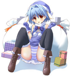 Rule 34 | 00s, 1girl, animal ears, black thighhighs, blue hair, blue skirt, boots, bow, broccoli (company), brown footwear, christmas, cross-laced footwear, flat chest, galaxy angel, gloves, hair intakes, hat, lace-up boots, mint blancmanche, mittens, open mouth, panties, pom pom (clothes), sack, santa costume, santa hat, shinshin, short hair, sitting, skirt, solo, spread legs, striped clothes, striped panties, thighhighs, underwear, upskirt, yellow eyes