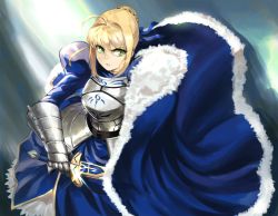 Rule 34 | 1girl, ahoge, armor, armored dress, artoria pendragon (fate), blonde hair, cape, drawing sword, dress, excalibur (fate/stay night), fate/stay night, fate/zero, fate (series), fur trim, gauntlets, green eyes, hair ribbon, holding, holding sword, holding weapon, juliet sleeves, long sleeves, puffy sleeves, ribbon, rushi (bloodc), saber (fate), solo, sword, weapon