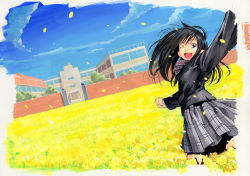 Rule 34 | 1girl, black hair, black jacket, building, cloud, cowboy shot, day, dutch angle, falling petals, female focus, field, flower, flower field, grey skirt, happy, honzawa yuuichirou, jacket, long hair, looking at viewer, looking back, miniskirt, nature, one eye closed, open mouth, outdoors, outstretched arm, petals, plaid, plaid skirt, pleated skirt, school, school uniform, skirt, sky, smile, solo, standing, wink, yellow flower