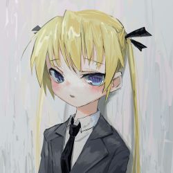 Rule 34 | 1girl, bad id, bad twitter id, black necktie, blonde hair, collared shirt, gishiki (gshk), grey jacket, highres, jacket, kill me baby, long hair, looking at viewer, necktie, parted lips, purple eyes, shirt, solo, sonya (kill me baby), twintails, upper body, white shirt, wing collar