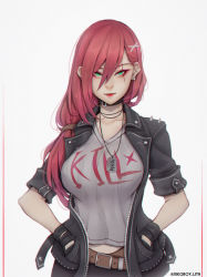 Rule 34 | 1girl, absurdres, alternate costume, belt, belt buckle, black gloves, brown belt, buckle, buttons, choker, closed mouth, collarbone, earrings, eyeshadow, gloves, green eyes, hair ornament, hands in pockets, highres, jacket, jewelry, katarina (league of legends), league of legends, liya nikorov, long hair, makeup, necklace, red hair, scar, scar across eye, scar on face, signature, simple background, sleeves rolled up, smile, spiked jacket, spikes, twitter username, white background, wristband, x hair ornament, zipper