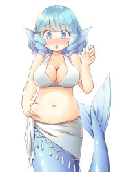 Rule 34 | 1girl, arnest, belly, belly grab, blue eyes, blue hair, blush, breasts, cleavage, commentary request, commission, drill hair, drill sidelocks, fins, head fins, highres, large breasts, mermaid, monster girl, muffin top, navel, open mouth, plump, sarong, sidelocks, simple background, skeb commission, solo, swimsuit, touhou, wakasagihime, weight conscious, white background