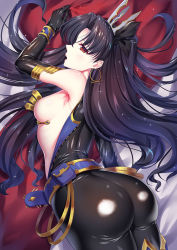 Rule 34 | 1girl, armpits, ass, black gloves, black hair, black legwear, blush, breasts, earrings, elbow gloves, fate/grand order, fate (series), gloves, iro ame (amewaagada), ishtar (fate), ishtar (puzzle &amp; dragons), jewelry, latex, latex gloves, long hair, open mouth, red eyes, shiny skin, sideboob, solo, tiara, traditional media, twintails, watercolor pencil (medium)