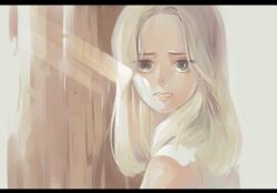 Rule 34 | 1girl, bad id, bad twitter id, bare shoulders, black border, blonde hair, blue eyes, border, close-up, commentary request, forehead, furrowed brow, hair over eyes, kaya (one piece), korean commentary, light, lips, looking at viewer, medium hair, mulmulgogibbq, muted color, nose, one piece, parted lips, pink lips, portrait, shirt, sidelighting, sleeveless, sleeveless shirt, solo, tareme, teeth, tree, turning head, white background, white shirt, worried