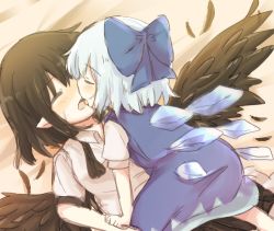 Rule 34 | 2girls, bad id, bad pixiv id, black hair, black wings, blue dress, blue hair, blush, bow, cirno, dress, closed eyes, feathered wings, feathers, female focus, french kiss, hair bow, highres, ice, ice wings, kiss, kototoki, multiple girls, on person, pointy ears, shameimaru aya, shirt, short hair, short sleeves, touhou, white shirt, wings, yuri