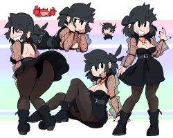 Rule 34 | 1girl, ass, belt, black belt, black choker, black dress, black footwear, black hair, black nails, black pantyhose, boots, breasts, choker, cleavage, crab, detached sleeves, dress, ear piercing, earrings, from behind, hand up, highres, jewelry, looking back, lucia (scott malin), lying, medium breasts, medium hair, multiple views, necklace, on stomach, open mouth, original, pantyhose, parted lips, piercing, scott malin, see-through, see-through sleeves, sitting, smile, standing, strapless, strapless dress