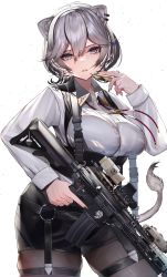 Rule 34 | 1girl, absurdres, animal ears, black nails, black pantyhose, black shorts, breasts, cartridge, cleavage, collared shirt, commentary request, cowboy shot, ear piercing, gun, hair between eyes, highres, holding, holding gun, holding weapon, hololive, large breasts, lion ears, lion girl, lion tail, long sleeves, looking at viewer, lumium, nail polish, o-ring, pantyhose, pantyhose under shorts, parted lips, piercing, purple eyes, shirt, shishiro botan, shishiro botan (button-down), short hair, shorts, silver hair, simple background, solo, tail, thigh strap, trigger discipline, underbust, virtual youtuber, weapon, weapon request, white background, white shirt
