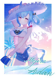 Rule 34 | 1girl, animal ears, arm up, bag, bare arms, bare shoulders, bikini, bikini under clothes, blue hair, blue shorts, braid, breasts, character name, cleavage, closed mouth, collarbone, commentary request, ears through headwear, hair rings, hand on headwear, handbag, hat, highres, holding, holding bag, horse ears, horse girl, horse tail, long hair, looking at viewer, medium breasts, mejiro ardan (umamusume), navel, open clothes, open fly, open shorts, palm tree, purple eyes, roido (taniko-t-1218), short shorts, shorts, solo, straw hat, swimsuit, tail, tree, twitter username, umamusume, very long hair, white bikini, white hat