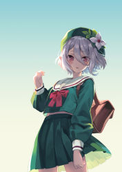 Rule 34 | 1girl, alternate costume, backpack, bag, beret, bow, brown eyes, commentary request, flower, green hat, green shirt, green skirt, hair between eyes, hand up, hat, hat flower, kokkoro (princess connect!), long sleeves, looking at viewer, m2 (guvn5745), parted lips, pleated skirt, pointy ears, princess connect!, puffy long sleeves, puffy sleeves, red bow, sailor collar, school uniform, serafuku, shirt, silver hair, skirt, sleeves past wrists, solo, standing, white flower, white sailor collar