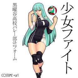 Rule 34 | 1girl, alternate costume, aqua eyes, aqua hair, ball, bare shoulders, bike shorts, blunt bangs, breasts, capcom, character request, cosplay, covered erect nipples, covered navel, elbow pads, english text, female focus, hime cut, judge martin, knee pads, large breasts, long hair, looking at viewer, molten (company), morrigan aensland, shin guards, shirt, shoes, shoujo fight, simple background, sleeveless, sleeveless shirt, smile, sneakers, solo, sportswear, standing, tape, text focus, thick thighs, thigh gap, thighs, translated, turtleneck, uniform, vampire (game), very long hair, volleyball, volleyball (object), volleyball uniform, white background