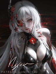 Rule 34 | 1girl, acheron (honkai: star rail), bare arms, bare shoulders, black choker, breasts, choker, cleavage, flower, highres, honkai: star rail, honkai (series), large breasts, long hair, looking at viewer, nixeu, one eye covered, petals, red eyes, red flower, signature, solo, tattoo, upper body, white hair