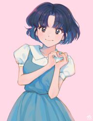 1girl 43_pon bad_id bad_twitter_id black_hair blue_dress closed_mouth collared_shirt cowboy_shot dress hands_up heart heart_hands highres looking_at_viewer parted_bangs pink_background puffy_short_sleeves puffy_sleeves ranma_1/2 shirt short_hair short_sleeves simple_background smile solo standing tendou_akane white_shirt