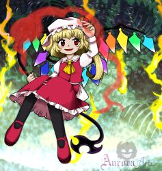 Rule 34 | 1girl, ascot, aurora artz, blonde hair, commentary request, crystal, flandre scarlet, full body, hat, long sleeves, medium hair, mixed-language commentary, mob cap, parody, red eyes, red footwear, red skirt, red vest, shirt, skirt, solo, style parody, touhou, vest, white hat, white shirt, wings, yellow ascot, zun (style)