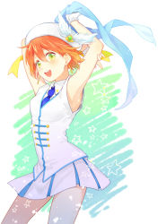 Rule 34 | 10s, 1girl, :d, armpits, arms up, blush, earrings, gloves, green eyes, hat, hat feather, hoshizora rin, jewelry, karuha, love live!, love live! school idol project, necktie, open mouth, orange hair, pleated skirt, scarf, unworn scarf, short hair, single glove, skirt, smile, solo, wonderful rush